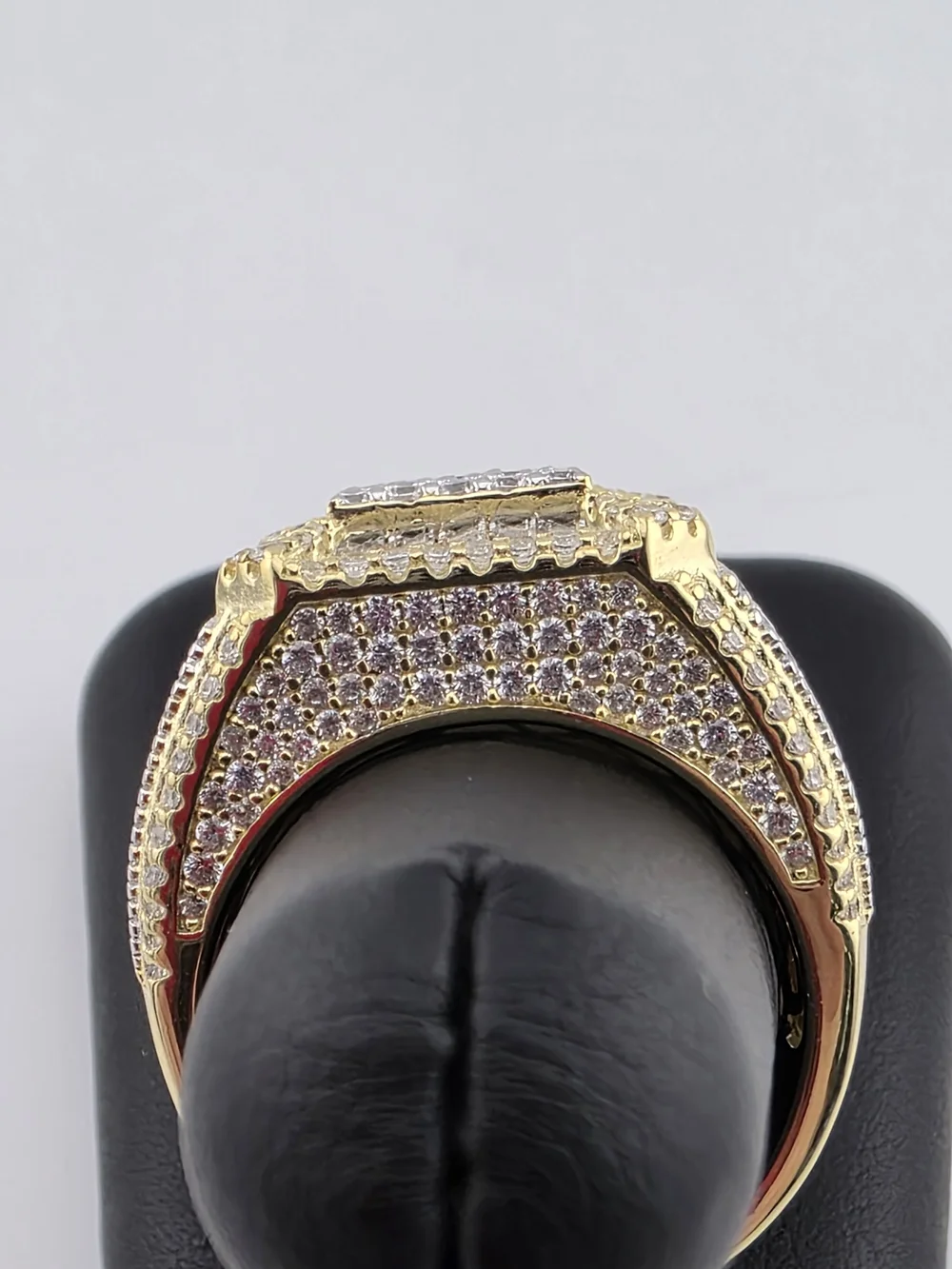 Sterling Silver 925 Gold-Tone Pave Square Statement Ring with Clear C.z Stones